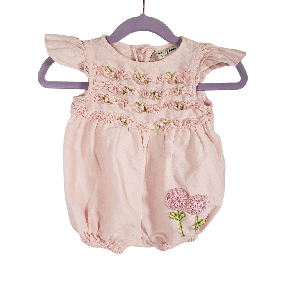 Vintage BT Kids Baby Girls 12 Months Pink Floral Ruffle Sleeveless Romper